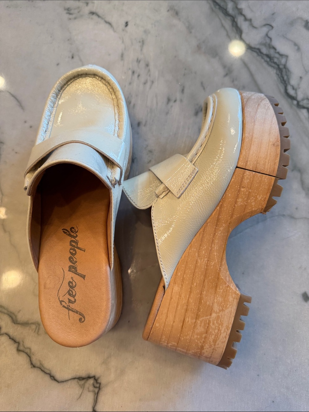 Free People Ivory Patent Leather Platform Mules